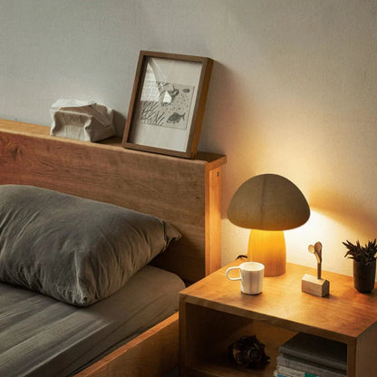 Natural Wood Toadstool Table Lamp with Adjustable Glow and USB Charging for Bedroom, Nursery, or Living Room Ambient Lighting