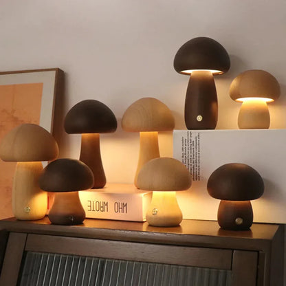 Natural Wood Toadstool Table Lamp with Adjustable Glow and USB Charging for Bedroom, Nursery, or Living Room Ambient Lighting