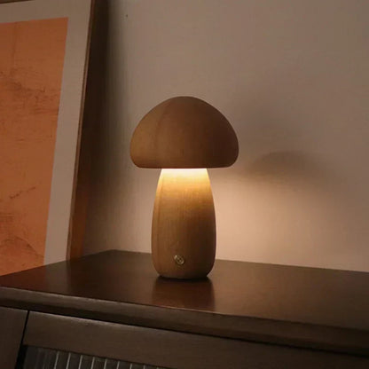 Rechargeable LED Mushroom Night Light with Touch Dimmer for Bedside, Nursery & Kids Room | Cordless Wooden Lamp