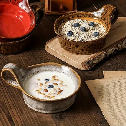 Stoneware Breakfast Bowl with Handle 6-Inch Diameter Artisan Ceramic Serving Dish for Soup Salad Oatmeal Tableware
