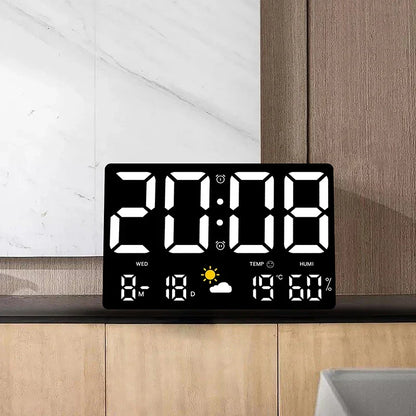 Réveil LED avec affichage météo 9,8 pouces, moniteur de température et d'humidité, télécommande, horloge numérique murale ou de bureau pour chambre et bureau
