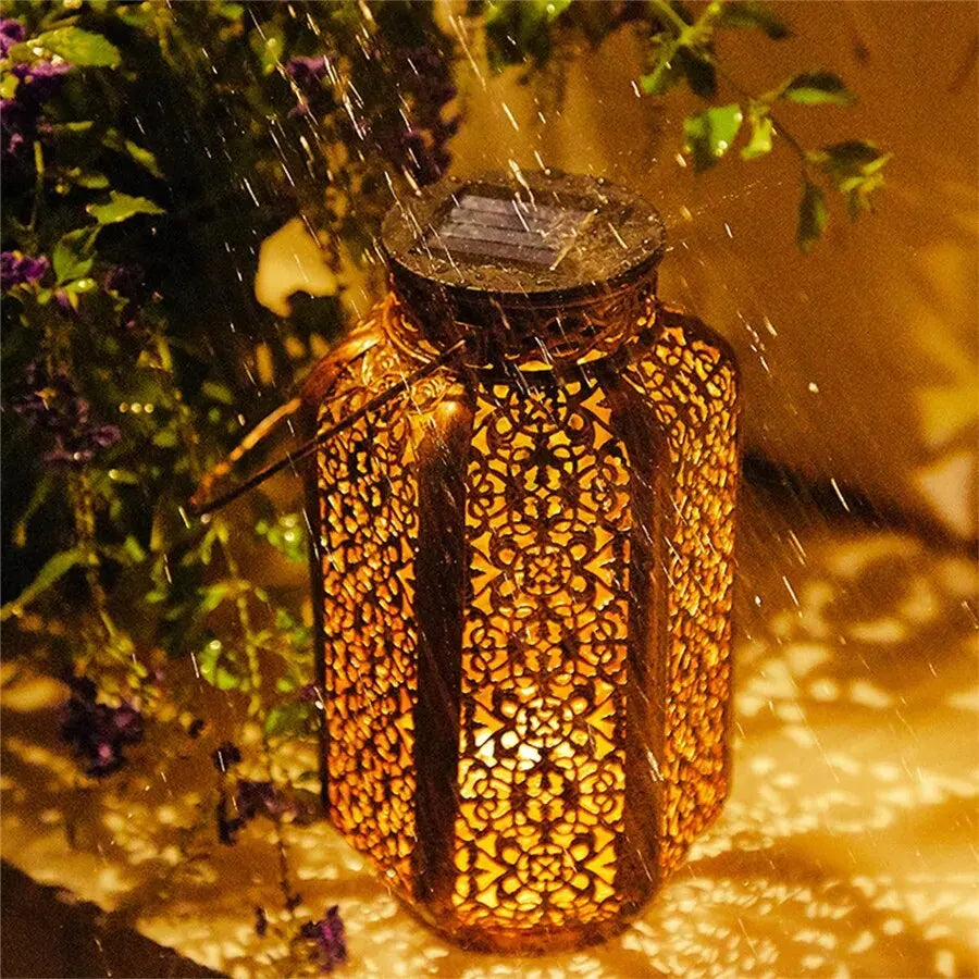 Geometric Metal Outdoor Solar Lantern with Auto Dusk Sensor for Patio Garden Yard Decor Hanging LED Light