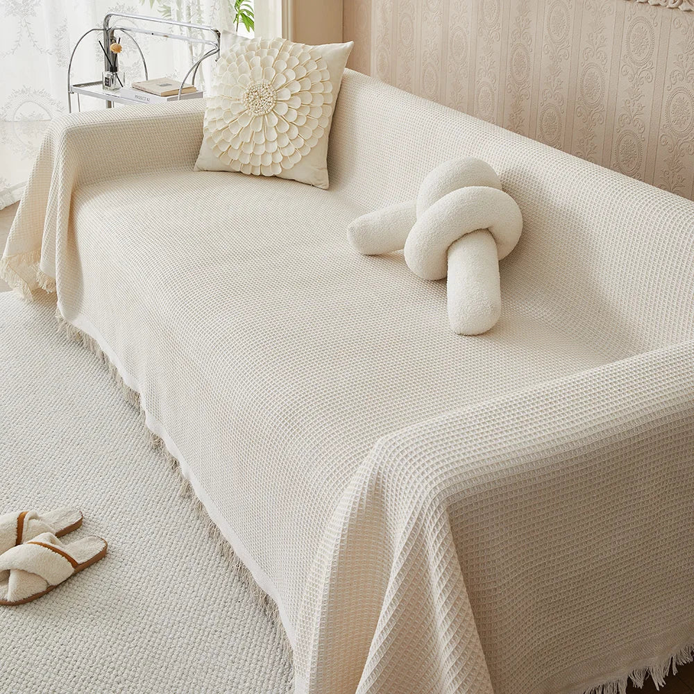Jeté de canapé texturé en coton et polyester 180x260 cm pour protection de canapé, lit ou fauteuil, décoration intérieure neutre et superposable, housse lavable