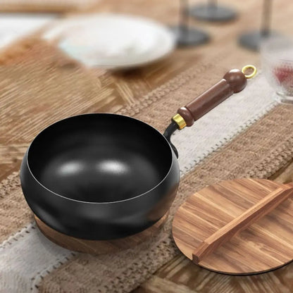12-Inch Cast-Iron Round-Bottom Skillet with Wood Handle and Lid for Induction Gas Electric Stovetops