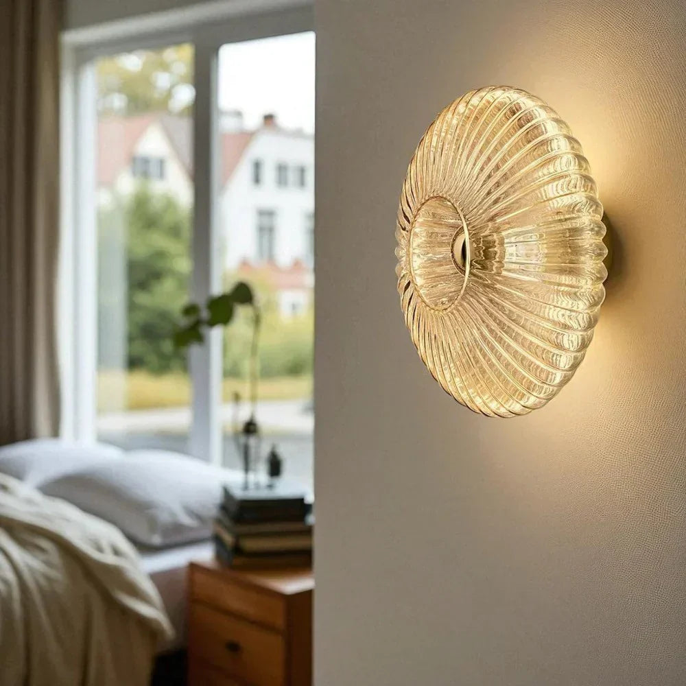 Textured Glass Sconce Fixture Warm Glow Indoor Accent Light Shell Shape for Entryway Bedroom Hallway Contemporary Boho Art Deco Style
