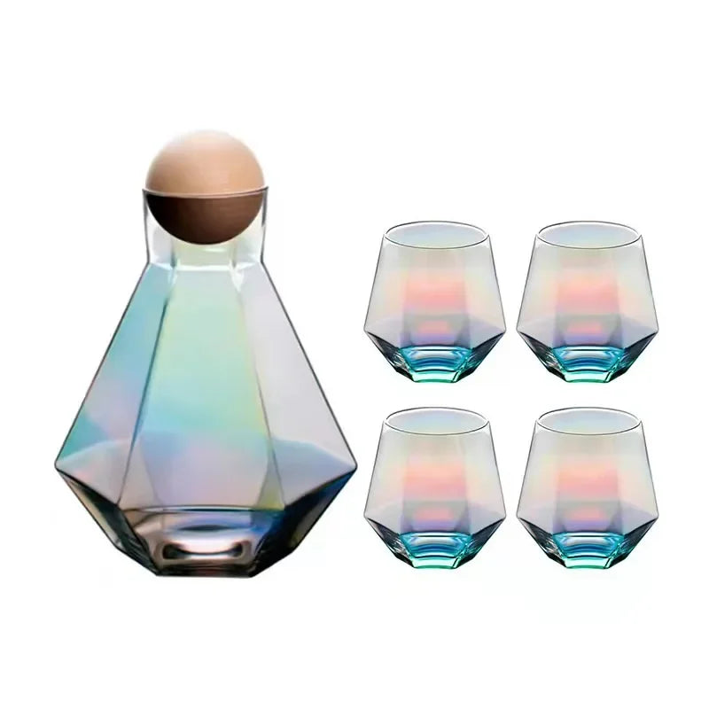 Geometric Glass Pitcher and Tumbler Set for Cocktails, Water & Juice – 5-Piece Beverage Serving Collection with Wooden Stopper