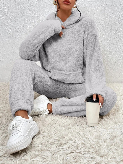 Hooded Teddy Fleece Loungewear Set for Women – Two-Piece Oversized Sweatsuit with Pocket – Cozy Winter Homewear Outfit