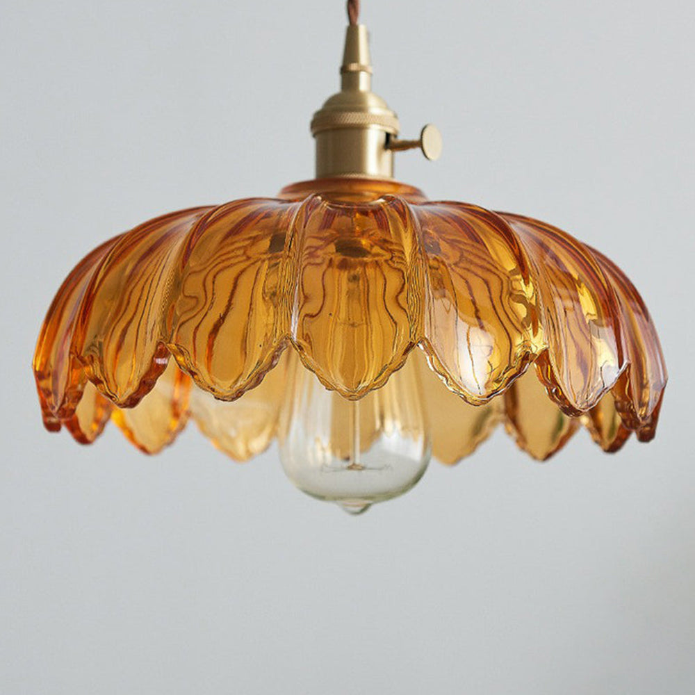 Floral Glass Shade Ceiling Fixture Green 10 Inch Adjustable Cord E27 Socket for Dining Room Kitchen Hallway Vintage Copper Accent Home Light