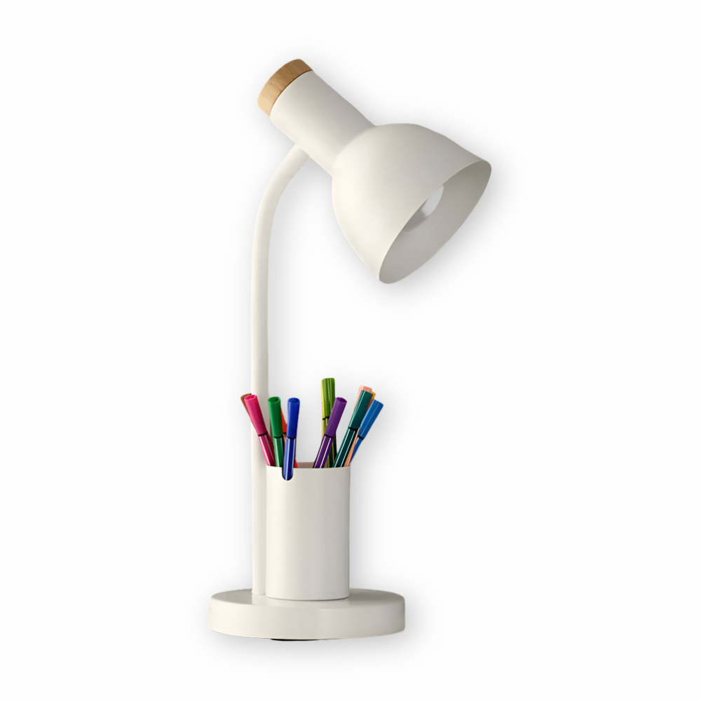 Metal Task Light with Flexible Gooseneck Phone Stand Pen Holder 18-Inch Desk Organization Lamp Iron Base Dorm Bedroom Study Office Desktop W