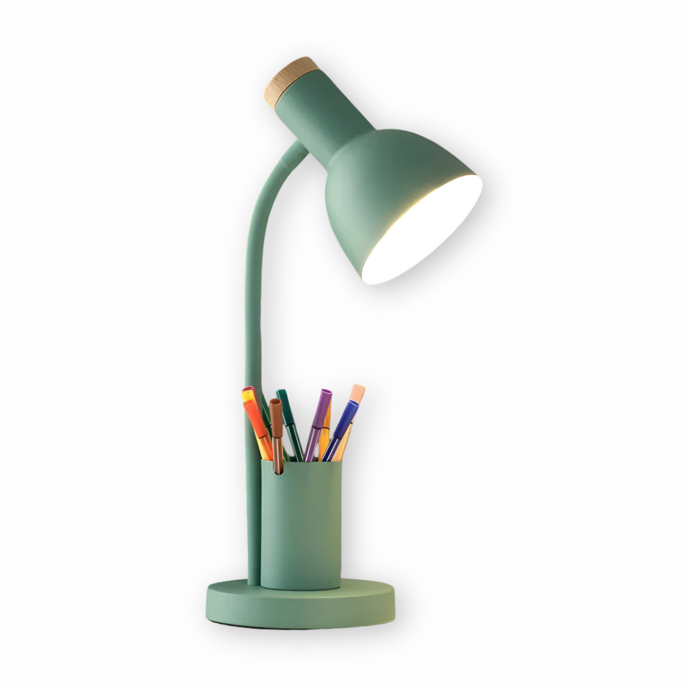 Metal Task Light with Flexible Gooseneck Phone Stand Pen Holder 18-Inch Desk Organization Lamp Iron Base Dorm Bedroom Study Office Desktop W