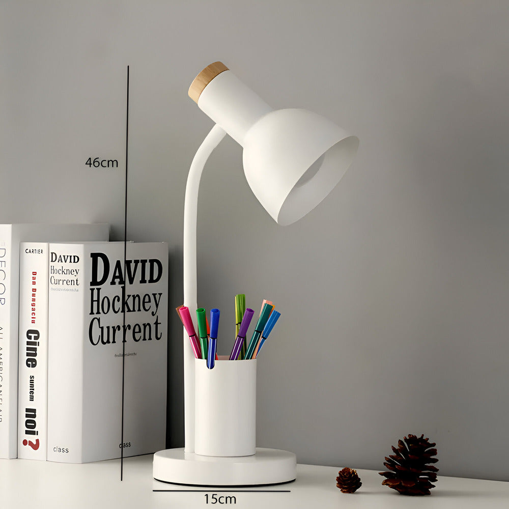 Metal Task Light with Flexible Gooseneck Phone Stand Pen Holder 18-Inch Desk Organization Lamp Iron Base Dorm Bedroom Study Office Desktop W