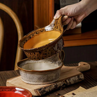 Stoneware Breakfast Bowl with Handle 6-Inch Diameter Artisan Ceramic Serving Dish for Soup Salad Oatmeal Tableware