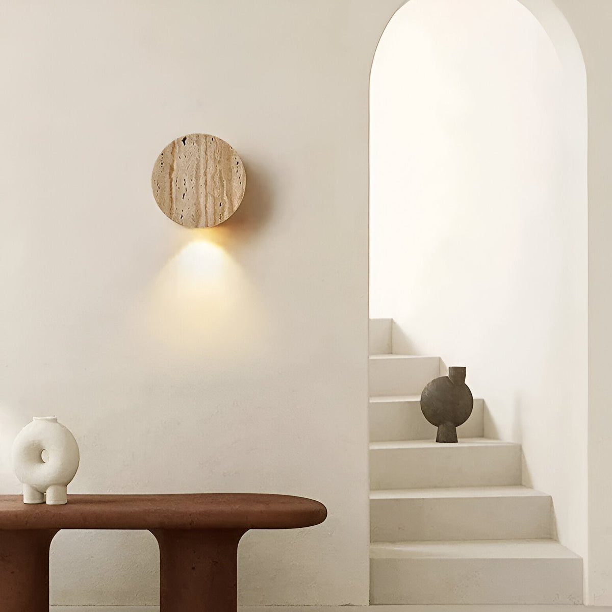 Travertine Stone Wall Sconce Round Frosted Glass Up Down Light Fixture 4 Inch Natural Stone Ambient Lighting Bedroom Hallway Entryway Bathro