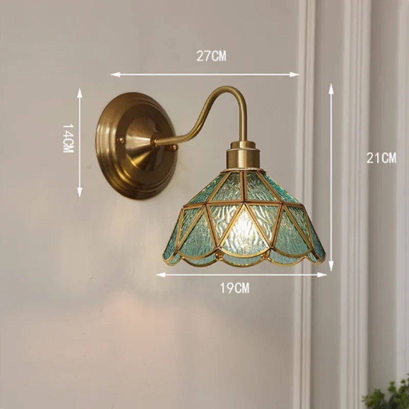 Tiffany-Style Glass Sconce with Curved Copper Arm E27 Socket 11 in x 8 in Bedroom Hallway Accent Light for Living Room Study Bathroom