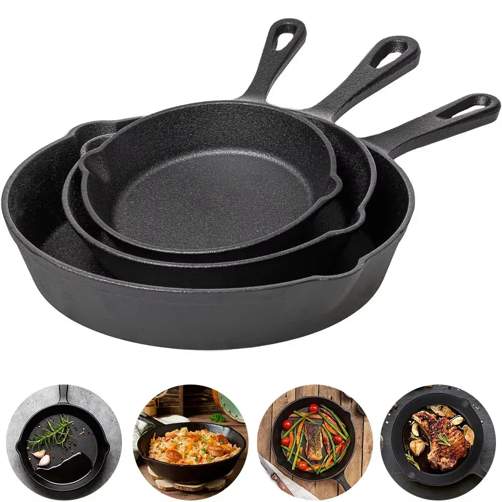 Skillet Trio Cast-Iron Cookware 6.3-Inch 7.9-Inch 10.2-Inch Uncoated Multi-Burner Stovetop Campfire Searing Frying Skillets for Induction Ga