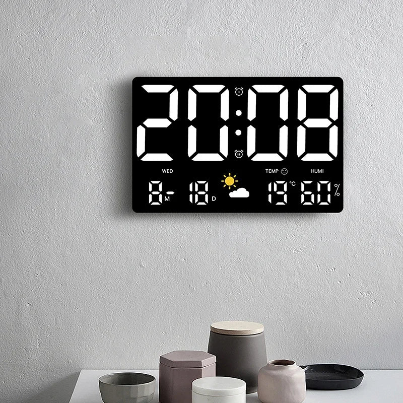 Réveil LED avec affichage météo 9,8 pouces, moniteur de température et d'humidité, télécommande, horloge numérique murale ou de bureau pour chambre et bureau