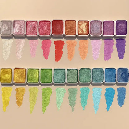 Shimmer Palette 20-Pan Portable Artist Tin for Calligraphy Mixed Media Journaling Canvas 4.5×3.3 in Pearlescent Pigment Block Kit