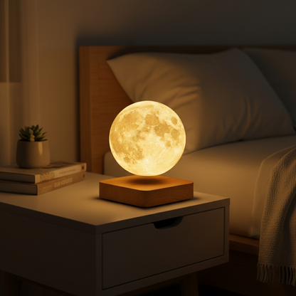Levitating Moon Night Light with Wooden Base | Rechargeable LED Desk Accent | Touch Dimmable Color Changing Glow | Realistic Lunar Surface f