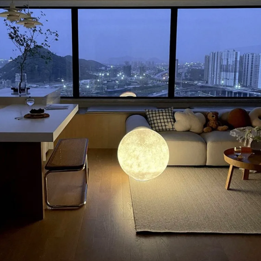 Standing Lamp with 16 in Moon Sphere Adjustable Glow White Acrylic LED for Bedroom Living Room Den Office Space Warm Ambient Lighting