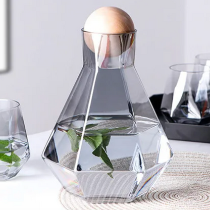 Geometric Glass Pitcher and Tumbler Set for Cocktails, Water & Juice – 5-Piece Beverage Serving Collection with Wooden Stopper