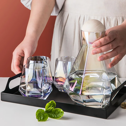 Geometric Glass Pitcher and Tumbler Set for Cocktails, Water & Juice – 5-Piece Beverage Serving Collection with Wooden Stopper