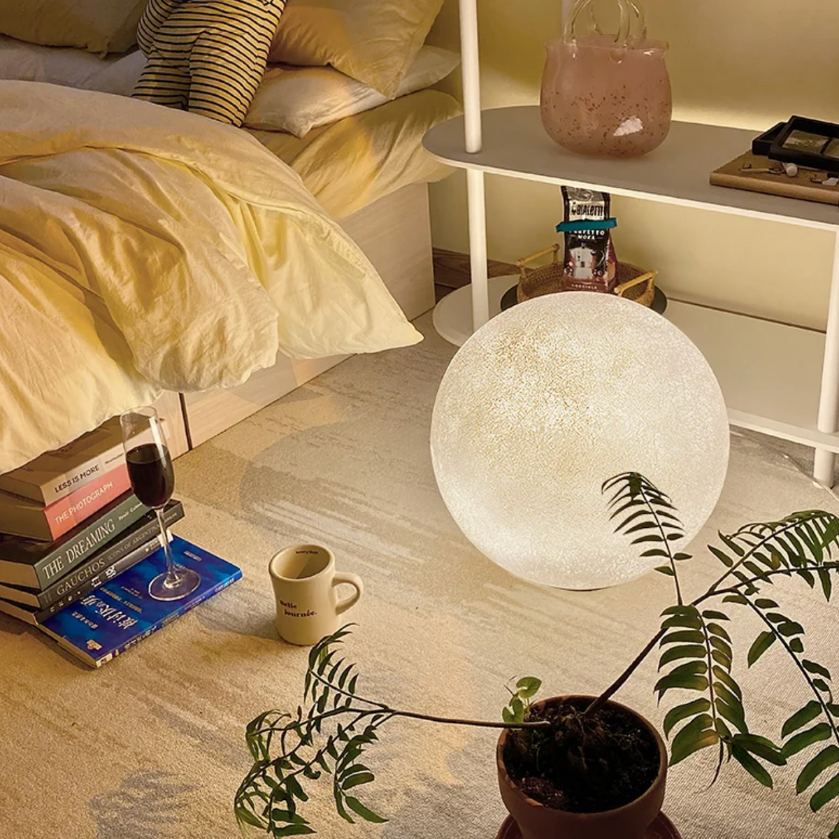 Standing Lamp with 16 in Moon Sphere Adjustable Glow White Acrylic LED for Bedroom Living Room Den Office Space Warm Ambient Lighting