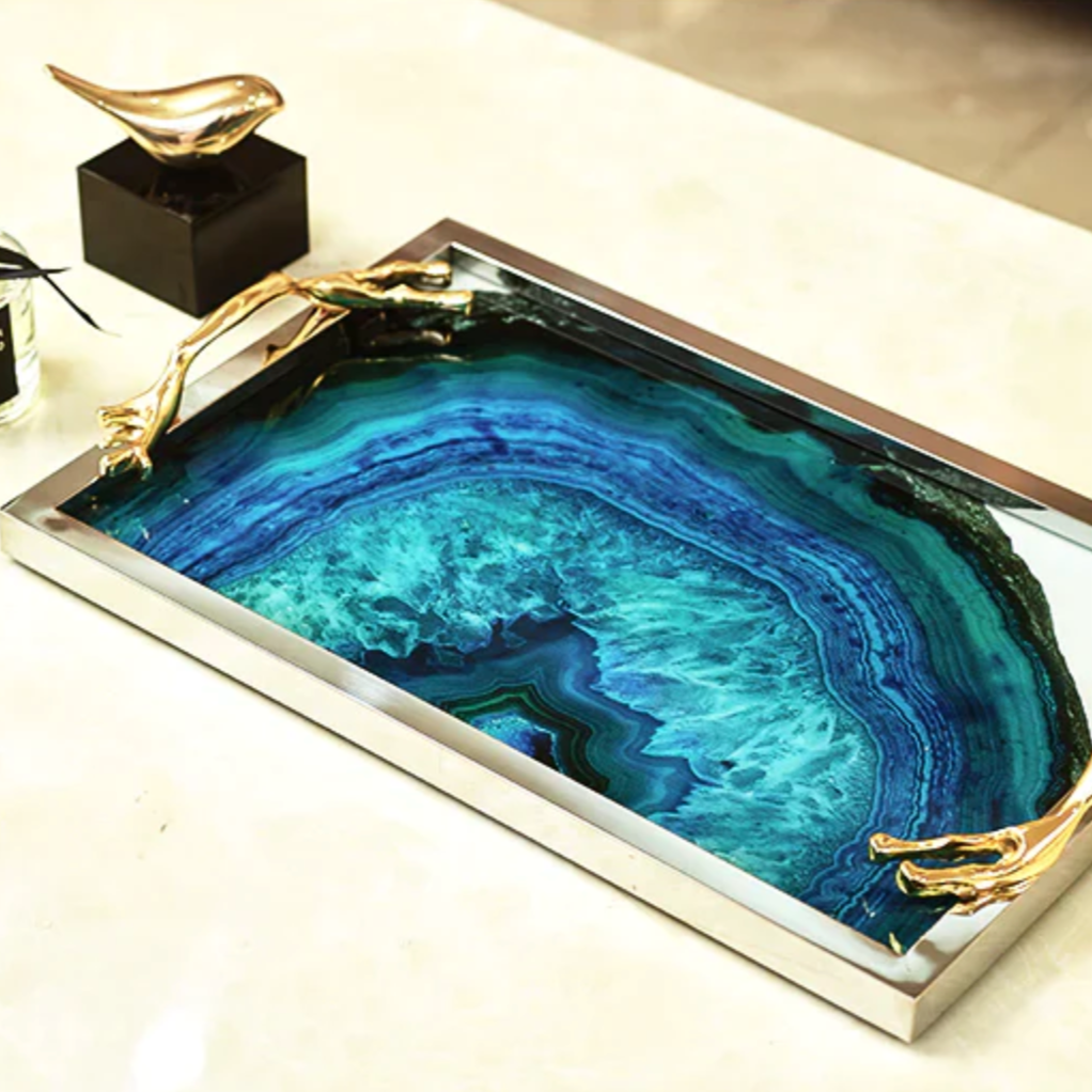 Glass Decorative Tray with Agate Design – 16-Inch Round & Rectangular Platter for Dining Room, Coffee Table, Vanity Display