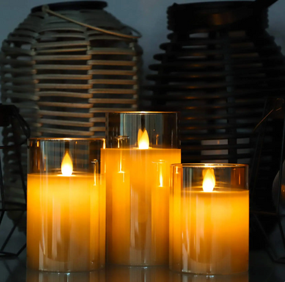 Battery-Operated LED Pillar Candles with Remote Control Timer Set of 3 Realistic Flickering Light Amber Smoke Clear Glass for Dining Room Be