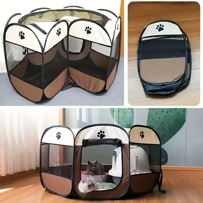Collapsible Octagonal Dog Pen Steel Frame 45 in Gray Brown Puppy Containment for Home Garden Travel Cat Crate Mesh Visibility Easy Setup