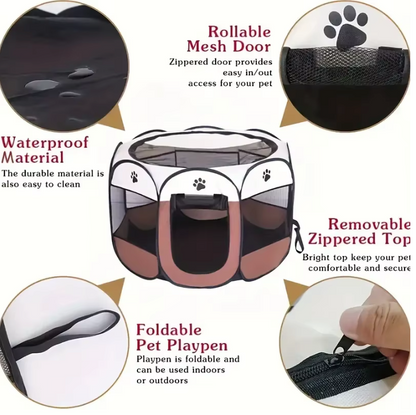 Collapsible Octagonal Dog Pen Steel Frame 45 in Gray Brown Puppy Containment for Home Garden Travel Cat Crate Mesh Visibility Easy Setup