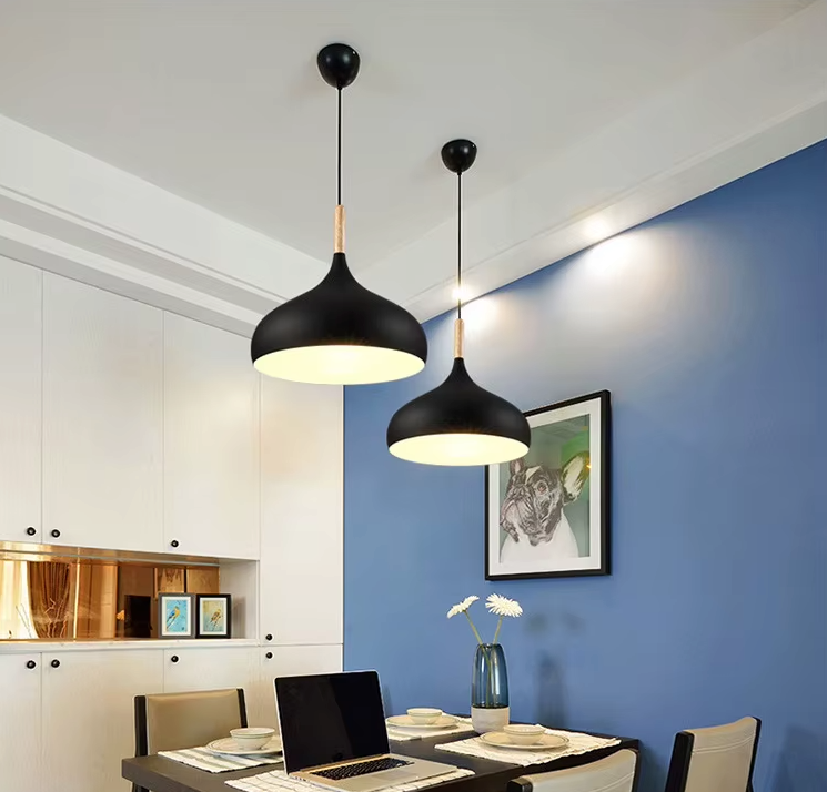 E27 Dome Pendant Fixture with Wood Trim – Adjustable Height Hanging Light for Kitchen Island, Dining Table, Bedroom – Minimalist Nordic-Insp