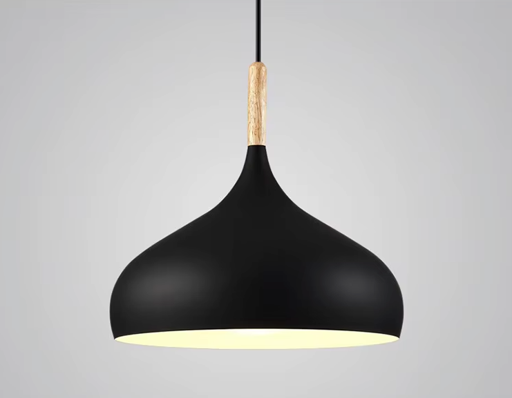 E27 Dome Pendant Fixture with Wood Trim – Adjustable Height Hanging Light for Kitchen Island, Dining Table, Bedroom – Minimalist Nordic-Insp