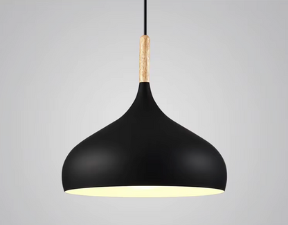 E27 Dome Pendant Fixture with Wood Trim – Adjustable Height Hanging Light for Kitchen Island, Dining Table, Bedroom – Minimalist Nordic-Insp