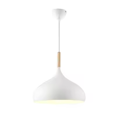E27 Dome Pendant Fixture with Wood Trim – Adjustable Height Hanging Light for Kitchen Island, Dining Table, Bedroom – Minimalist Nordic-Insp