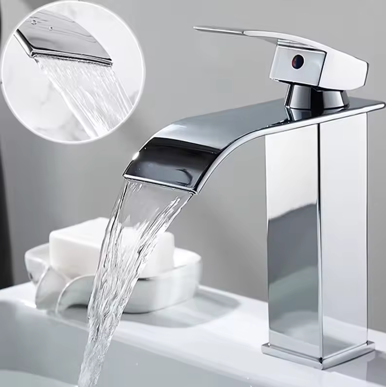 Single-Handle Basin Faucet Stainless Steel Waterfall Spout Deck Mount Bathroom Sink Mixer Tap Hot Cold Modern Vanity Counter Install