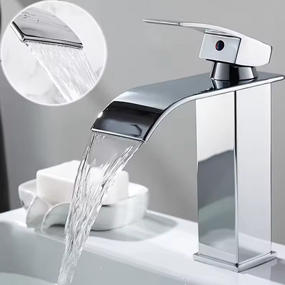 Single-Handle Basin Faucet Stainless Steel Waterfall Spout Deck Mount Bathroom Sink Mixer Tap Hot Cold Modern Vanity Counter Install
