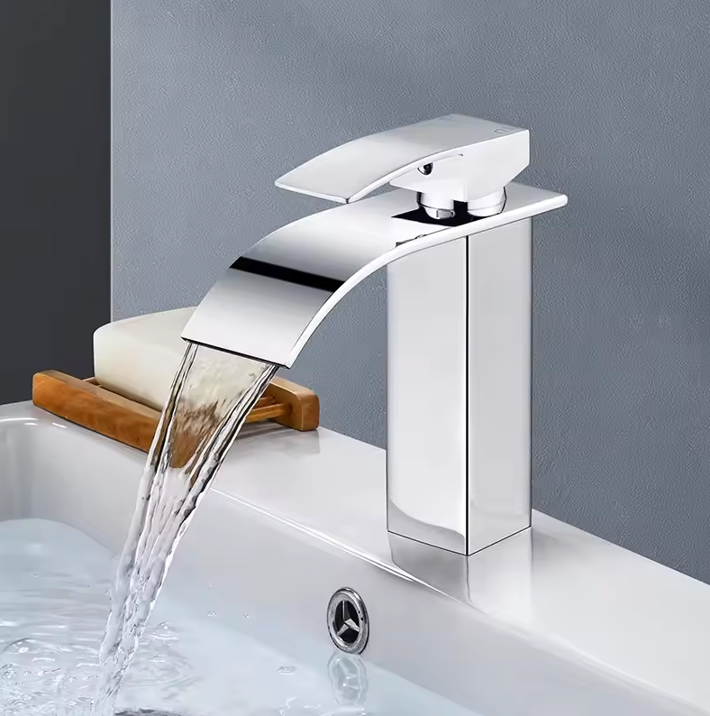 Single-Handle Basin Faucet Stainless Steel Waterfall Spout Deck Mount Bathroom Sink Mixer Tap Hot Cold Modern Vanity Counter Install