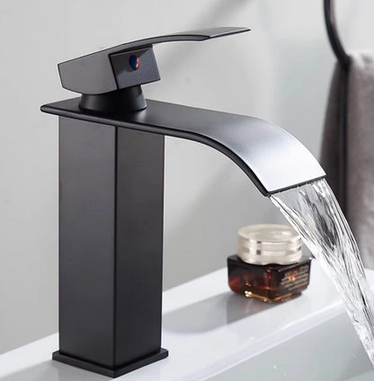 Single-Handle Basin Faucet Stainless Steel Waterfall Spout Deck Mount Bathroom Sink Mixer Tap Hot Cold Modern Vanity Counter Install