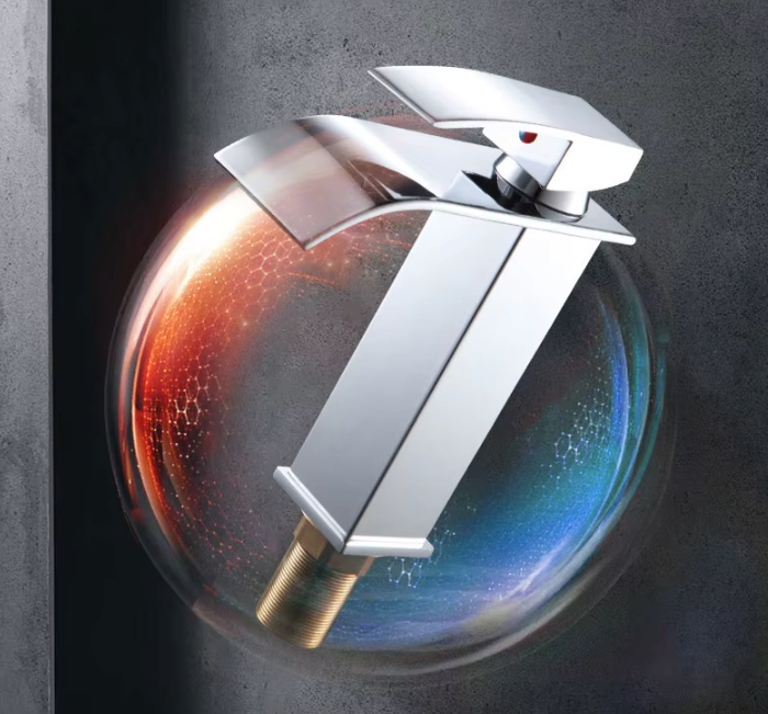 Single-Handle Basin Faucet Stainless Steel Waterfall Spout Deck Mount Bathroom Sink Mixer Tap Hot Cold Modern Vanity Counter Install