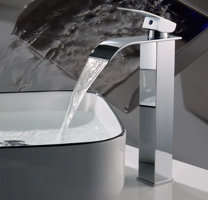 Single-Handle Basin Faucet Stainless Steel Waterfall Spout Deck Mount Bathroom Sink Mixer Tap Hot Cold Modern Vanity Counter Install