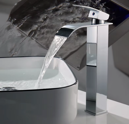 Single-Handle Basin Faucet Stainless Steel Waterfall Spout Deck Mount Bathroom Sink Mixer Tap Hot Cold Modern Vanity Counter Install