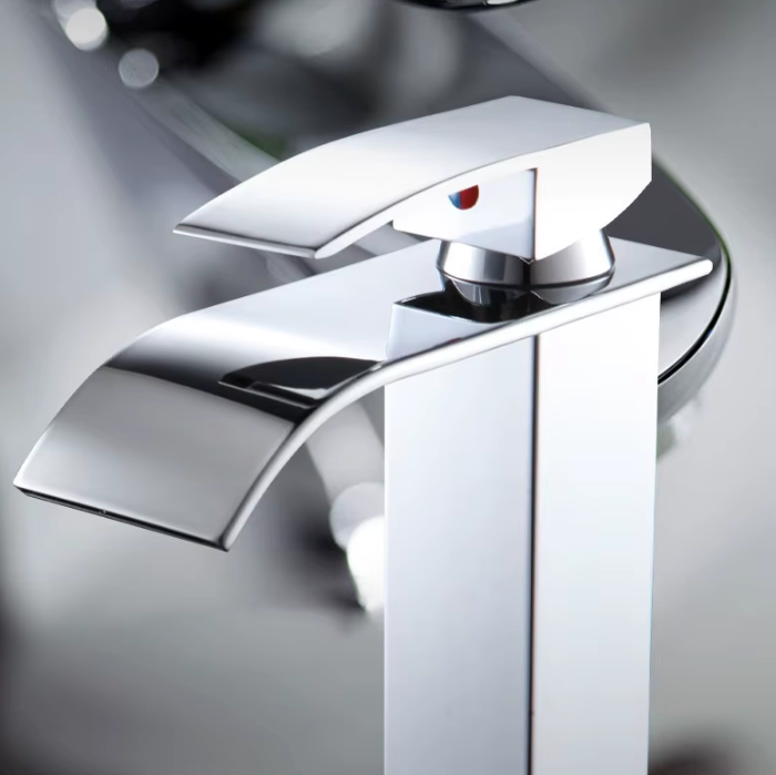Single-Handle Basin Faucet Stainless Steel Waterfall Spout Deck Mount Bathroom Sink Mixer Tap Hot Cold Modern Vanity Counter Install