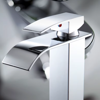 Single-Handle Basin Faucet Stainless Steel Waterfall Spout Deck Mount Bathroom Sink Mixer Tap Hot Cold Modern Vanity Counter Install