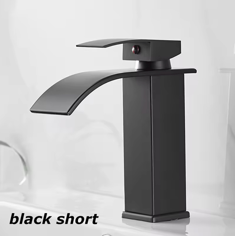 Single-Handle Basin Faucet Stainless Steel Waterfall Spout Deck Mount Bathroom Sink Mixer Tap Hot Cold Modern Vanity Counter Install