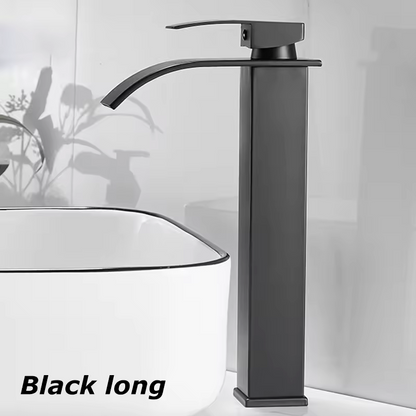 Single-Handle Basin Faucet Stainless Steel Waterfall Spout Deck Mount Bathroom Sink Mixer Tap Hot Cold Modern Vanity Counter Install