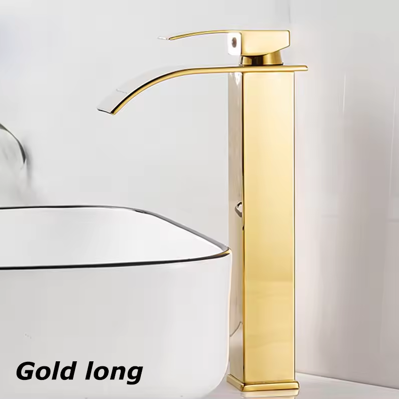 Single-Handle Basin Faucet Stainless Steel Waterfall Spout Deck Mount Bathroom Sink Mixer Tap Hot Cold Modern Vanity Counter Install
