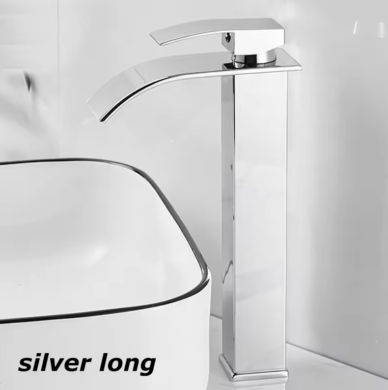 Single-Handle Basin Faucet Stainless Steel Waterfall Spout Deck Mount Bathroom Sink Mixer Tap Hot Cold Modern Vanity Counter Install