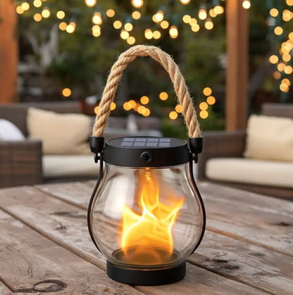 Flickering Flame Outdoor Lantern with Solar Panel 10 in Tall Glass LED Garden Light Waterproof Hanging Patio Decoration Dusk Sensor USB Back