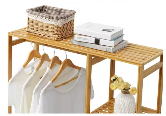 Freestanding Bamboo Garment Rack with Shelves 35 in Wide Natural Wood Finish Bedroom Closet Storage Organizer for Clothes Shoes Accessories
