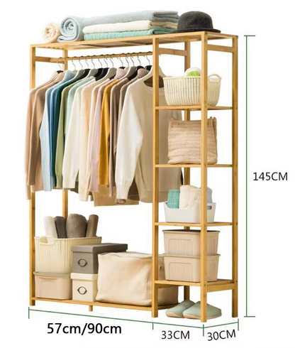 Freestanding Bamboo Garment Rack with Shelves 35 in Wide Natural Wood Finish Bedroom Closet Storage Organizer for Clothes Shoes Accessories